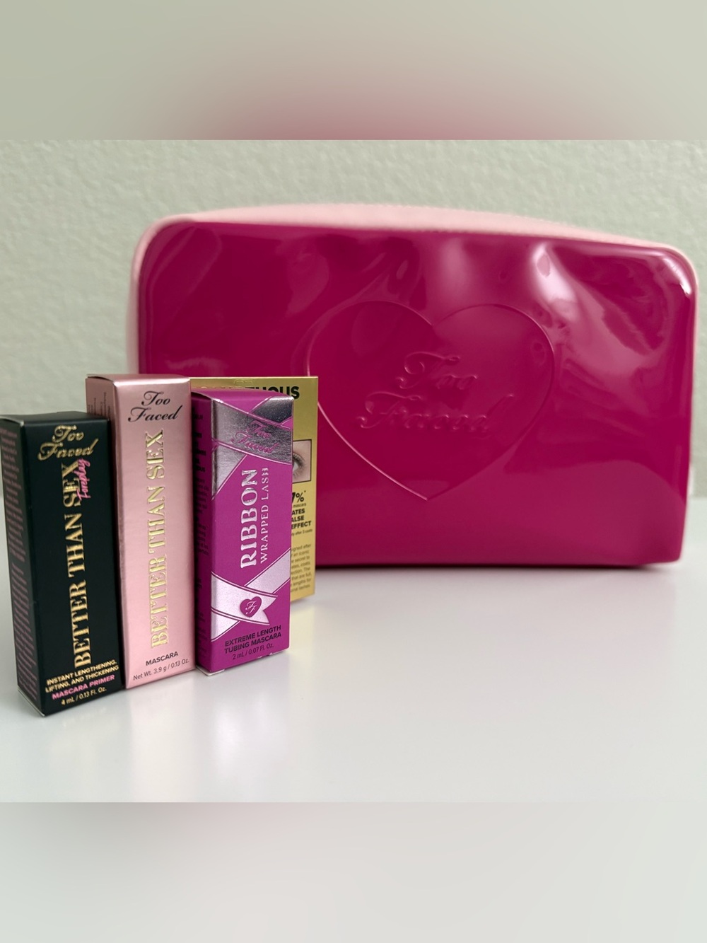 Too Faced Bright Pink Cosmetic Bag with 3 mini mascaras